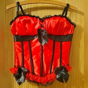 NWT Adjustable Satin Corset w/ Matching G-String; Red & Black; Medium